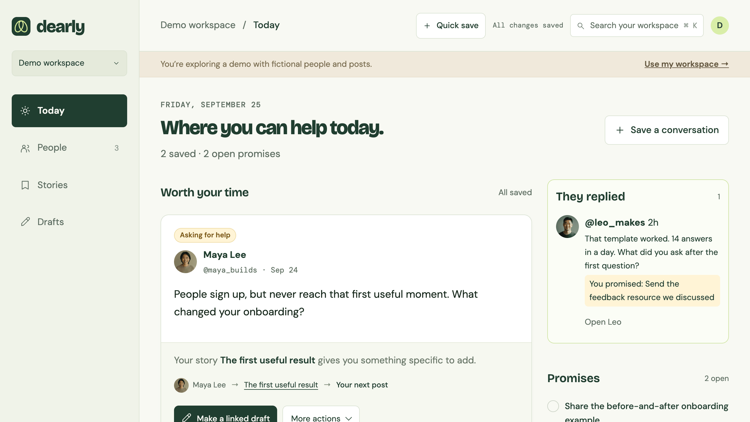 Dearly Today screen with suggestions and reminders, using fictional demo data